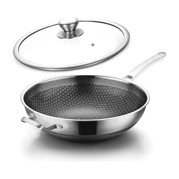 Wok 13 Inch Silver Stainless Steel Nonstick PFOA Free Dishwasher Oven Safe Induction Compatible with Glass Lid
