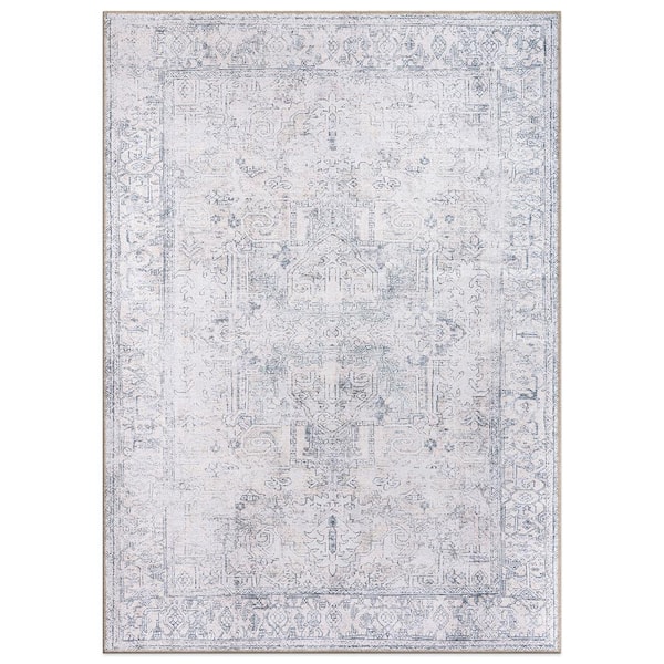 World Rug Gallery Amber Blue 7 ft. 7 in. x 9 ft. 6 in. Vintage Inspired Distressed Machine Washable Area Rug