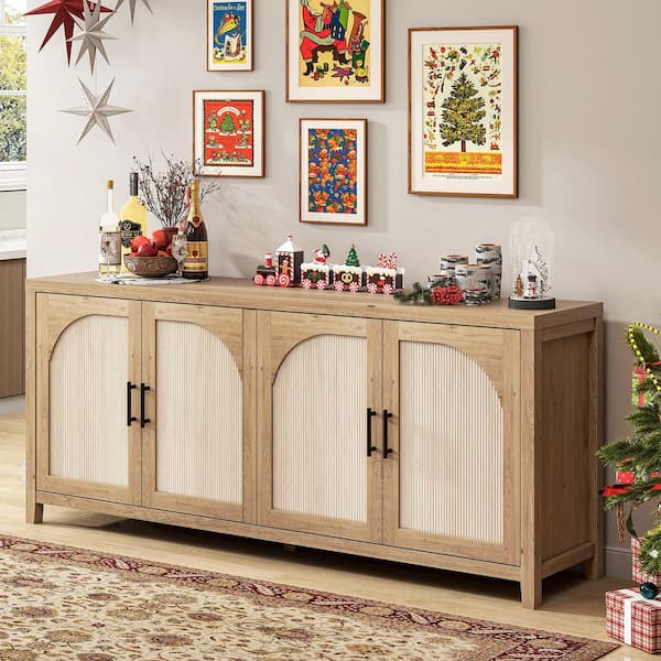 70 in. Modern English Oak  TV Stand Entertainment Center Fits TVs Up to 75 in. with 4-Arched Reeded Doors