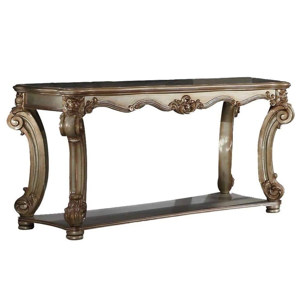 Gold Patina Wood Sofa Table with Bottom Shelf