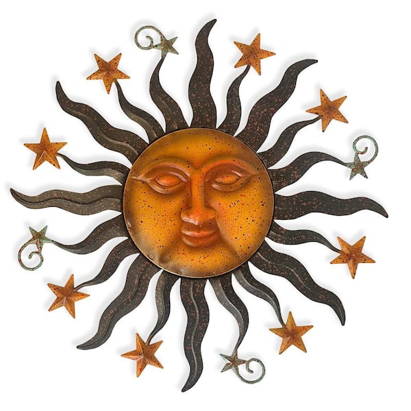 24 in. Sun Face Metal Outdoor Wall Sculpture- Hanging Sculpture, Weather-Resistant (Antique Bronze)