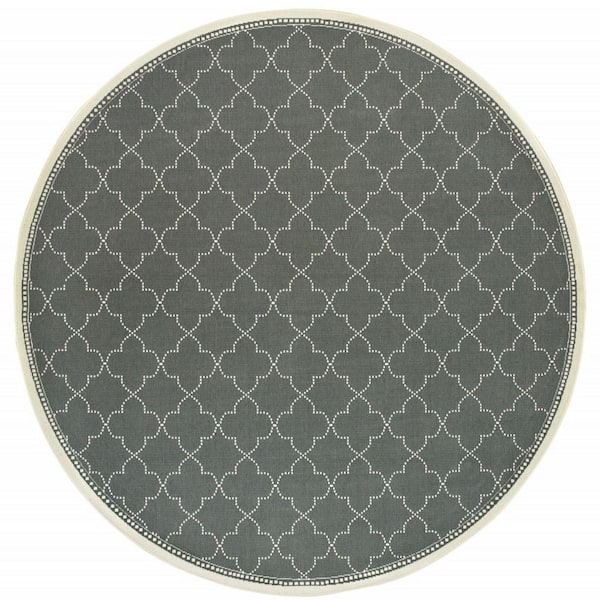 Gray, Ivory 8 ft. x 8 ft. Loomed Geometric Polypropylene Round Indoor/Outdoor Area Rug