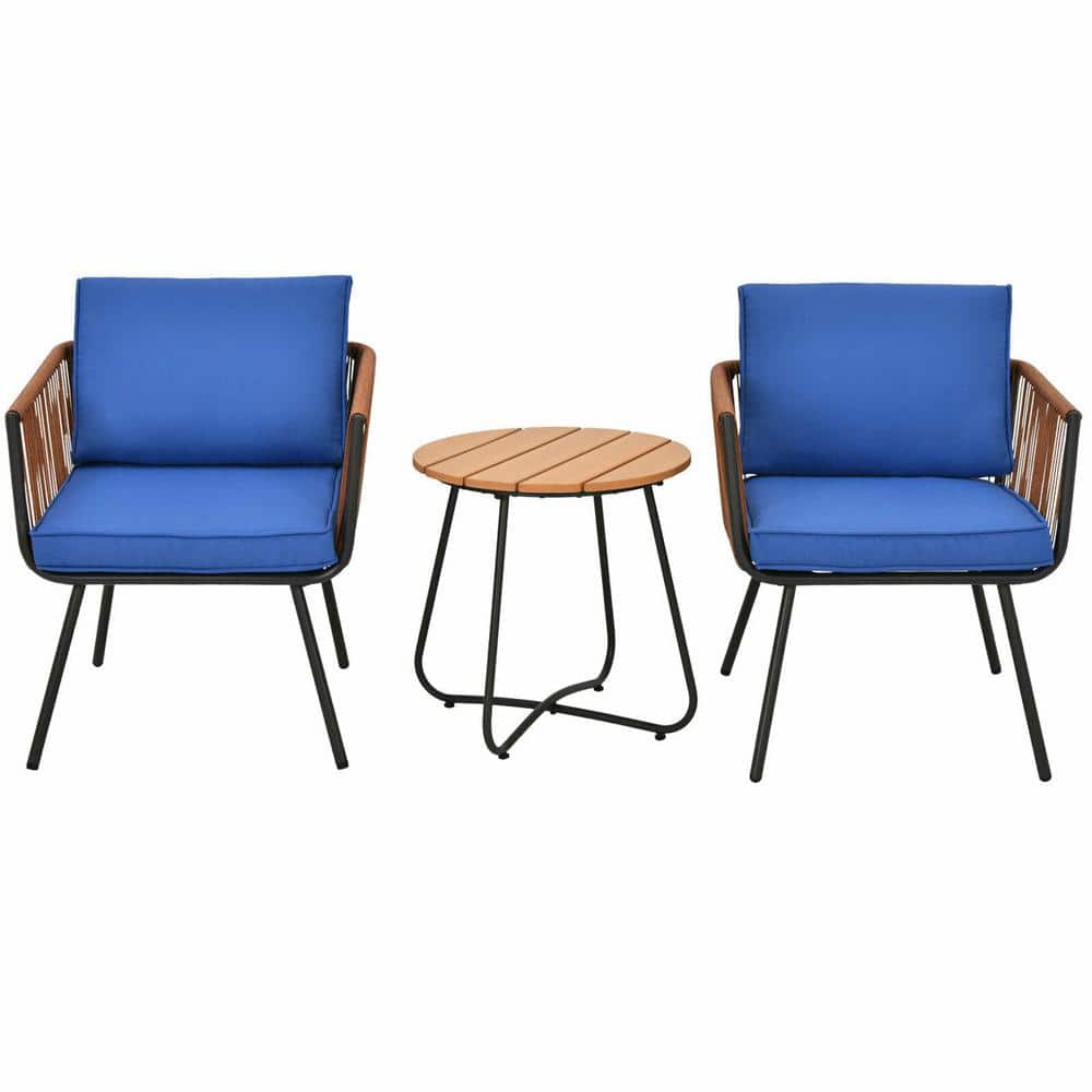 3-Piece Patio Wicker Conversation Bistro Furniture Set Sofa Armrest Coffee Table with Blue Cushions