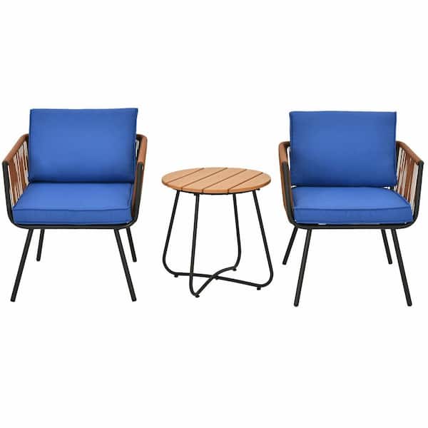 Gymax 3-Piece Patio Wicker Conversation Bistro Furniture Set Sofa Armrest Coffee Table with Blue Cushions