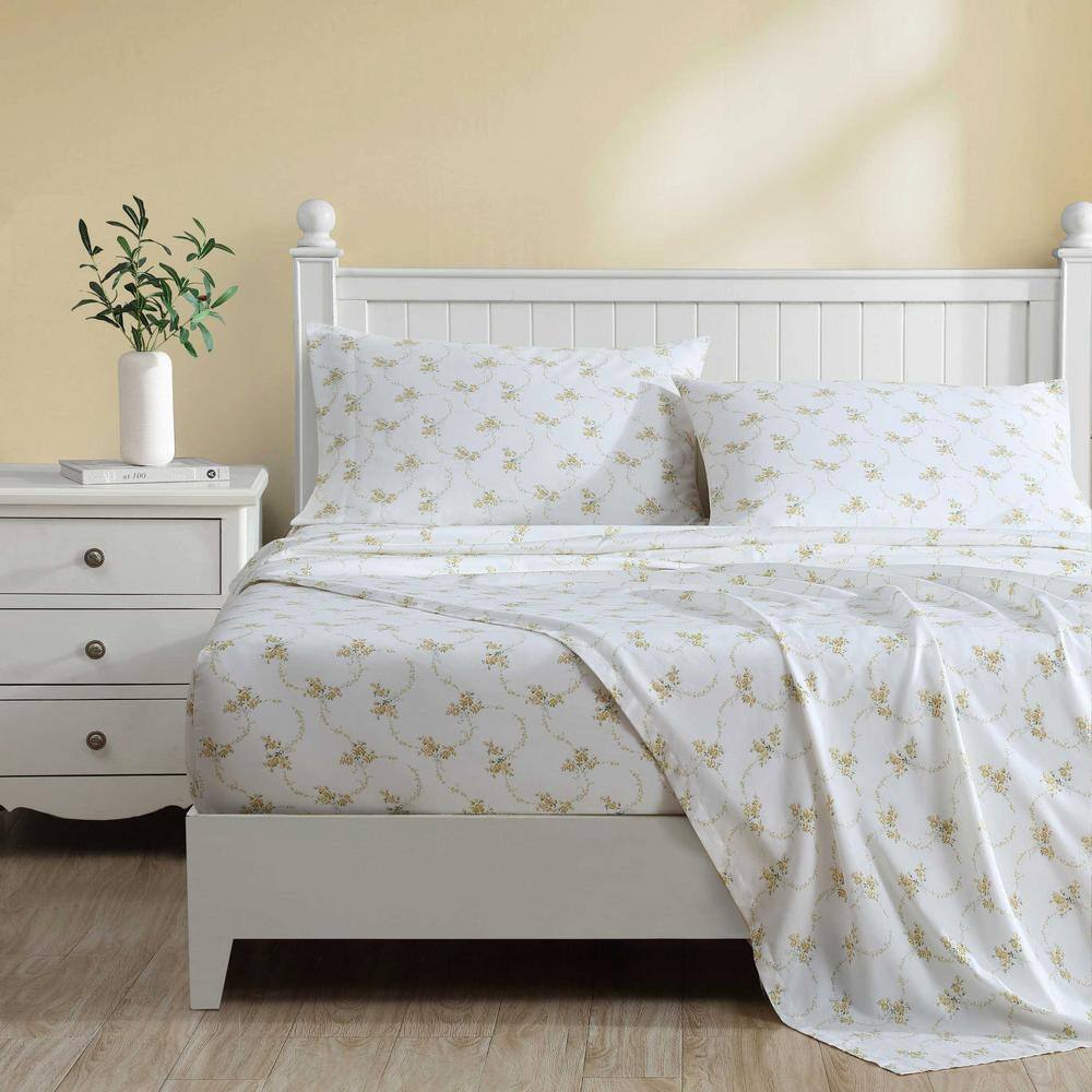 King Size White Cotton Floral Sateen Sheet Set