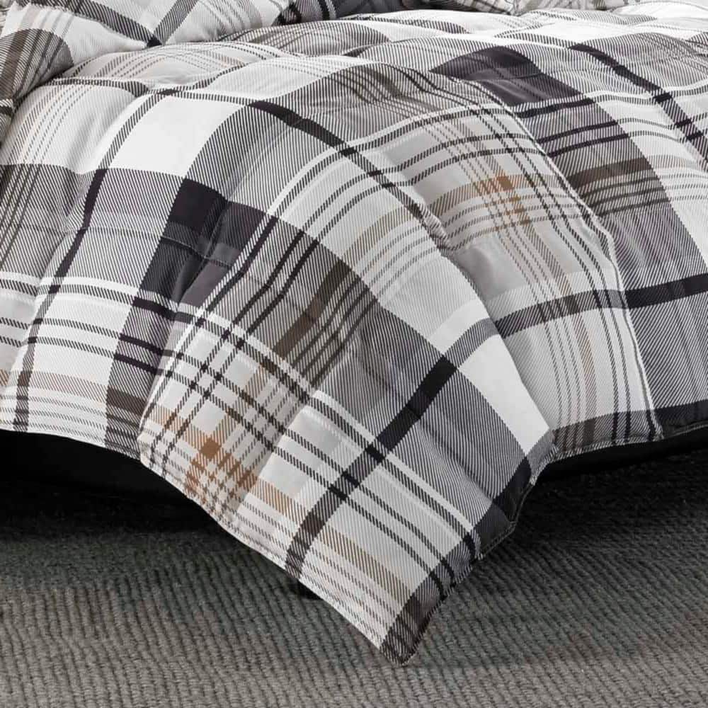King Black Plaid Microfiber Reversible Comforter Set