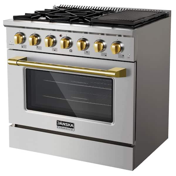36 in. 5.2 cu. ft. Dual Fuel Range, 6 Burners, Convection Oven, Griddle, in Stainless Steel with Gold Knobs and Handle