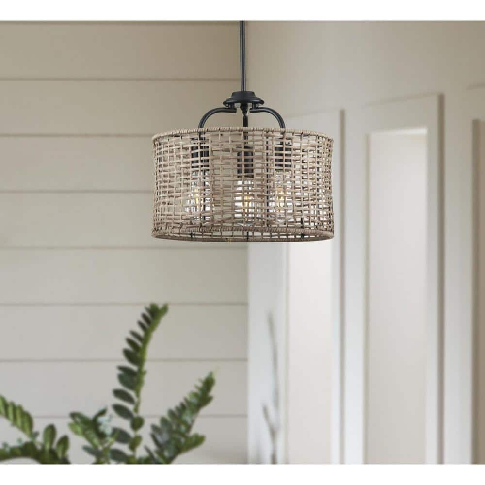Matte Black and Rattan 3-Light Semi-Flush Mount Ceiling Light