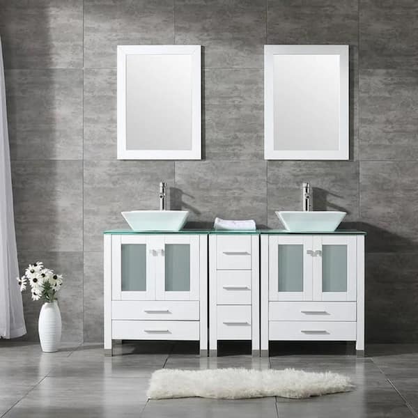 Wonline 60.6 in. D x 21.3 in. W x 29.5 in.H Double Sink White Bathroom Vanity Big Storage Bathroom Vanity Green Glass Top Mirror