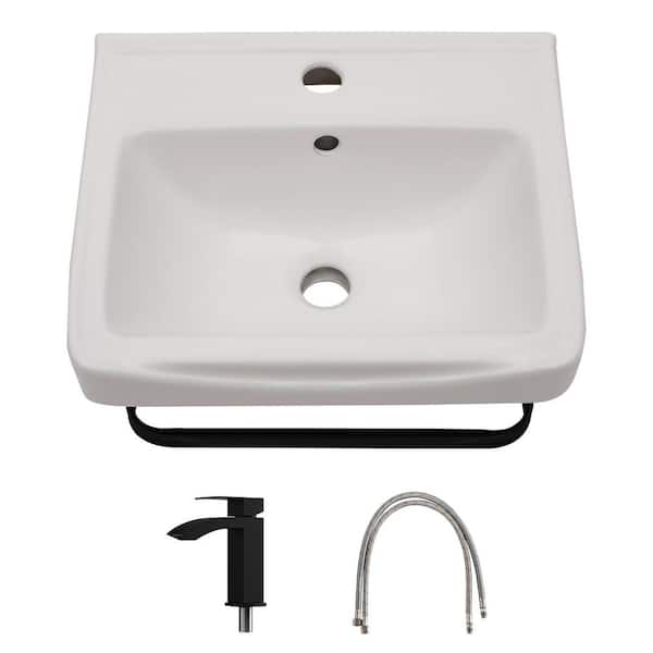 17 in. Ceramic Rectangular Wall-Mount Bathroom Sink with Single Handle Faucet and Towel Rack in Black