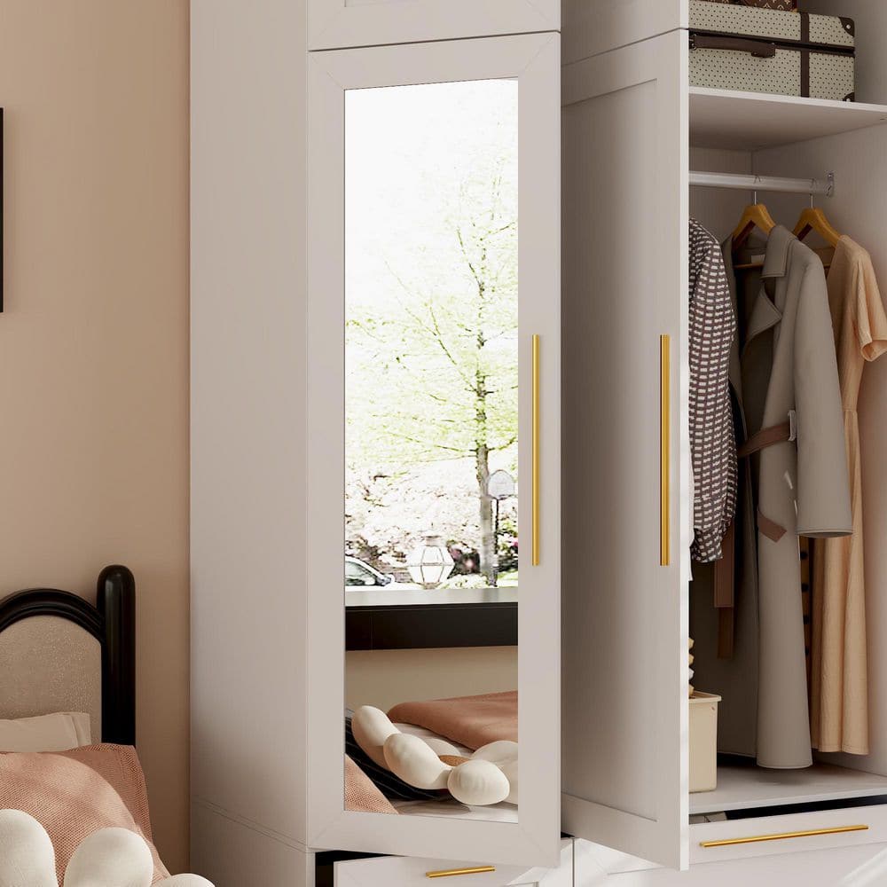 White Wood 47 in. W Armoire, Wardrobe with 4-Drawers, 6-Shelves, 1-Mirrored Door, 1-Hanging Bar and 5-Normal Doors - thumbnail 9