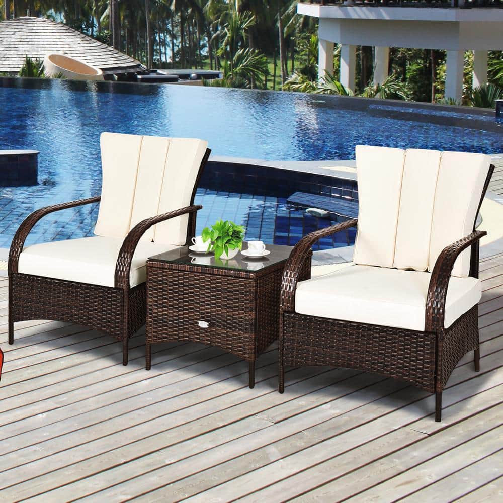 3-Piece Beige Rattan Patio Set with Cushions and Glass Table