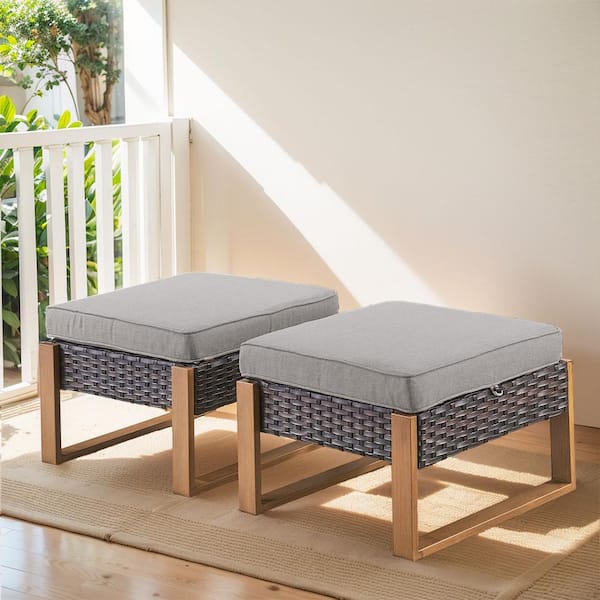 Gymojoy Allcot 2-Piece Brown Wicker Outdoor Ottoman Patio Rattan Footrest Seat Steel Frame Foostool with Removable Gray Cushions