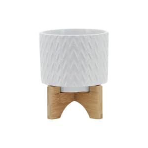 5 in. White Ceramic Planter Stand Plant Pot with Wood Stand Feet for Outdoor/Indoor Stand (1-Pack)