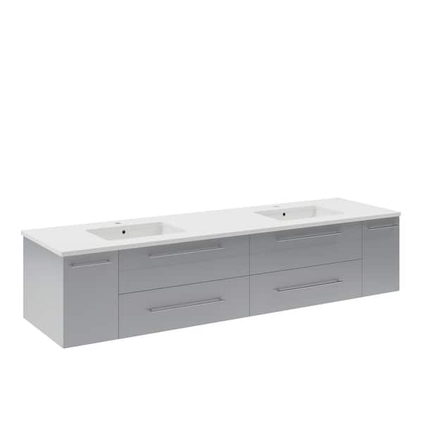 Fresca Lucera 72 in. Double Sink Wall Mount Floating Gray Bath Vanity with White Quartz Top and Undermount Ceramic Sinks