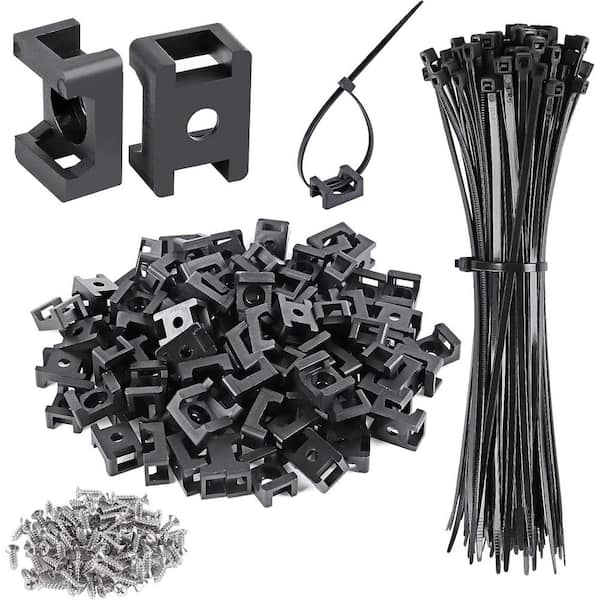 Cable Zip Tie Saddle Mounts Base with 8 in. Cable Ties and Tapping Screws Black 100-Pack Cable Organizer