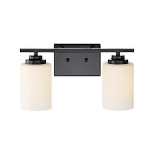 Aliana 14 in. 2-Light Matte Black Modern Vanity Light with Etched White Glass Shades