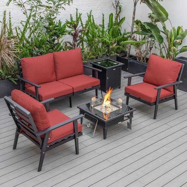 Leisuremod Walbrooke Black 5-Piece Aluminum Square Patio Fire Pit Set with Red Cushions, Slats Design and Tank Holder