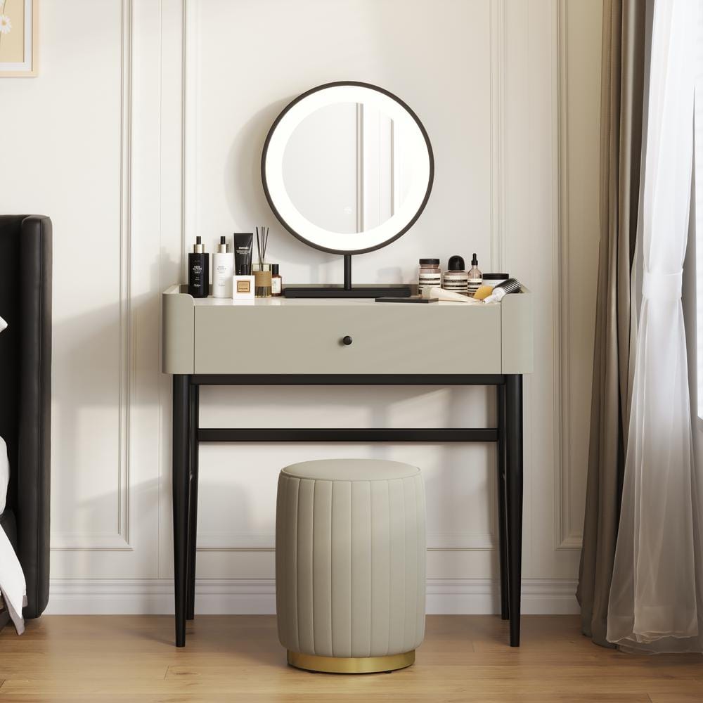 Beige 1-Drawer 31.5 in. Dresser with Mirror and Chair