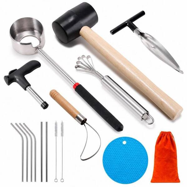 Food Grade Stainless Steel Coco Nut Opener Kit with Rubber Mallet, Meat Removal, Scraper, Straw and Silicone Mat