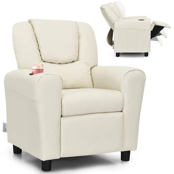 Costway Beige Faux Leather Upholstery Kids Recliner Couch Chair with Cup Holder Black