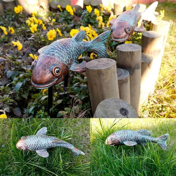 Set of 2 Antique Koi Fish Statue, Outdoor Garden Sculpture for