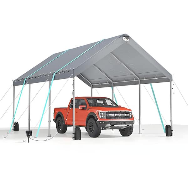 Unbranded 10 ft. x 20 ft. Gray Heavy Duty Carport Canopy, Large Adjustable Height Portable Car Tent Garage with Removable Roof