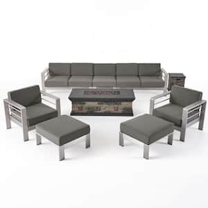 Cape Coral Silver 9-Piece Aluminum Patio Fire Pit Seating Set with Khaki Cushions