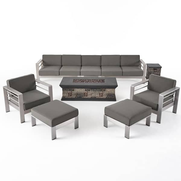 Noble House Cape Coral Silver 9-Piece Aluminum Patio Fire Pit Seating Set with Khaki Cushions