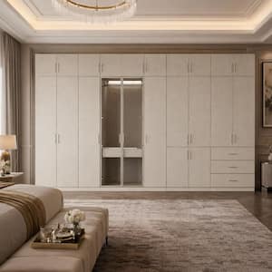 Beige-F Wood 126 in. Armoire with 6-Drawer, Hanging Rods, Shelves, Top Cabinets, Linen Finish for Bedroom Storage
