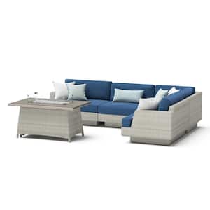 Portofino Comfort Gray 5-Piece Aluminum Patio Fire Pit Seating Set with Sunbrella Laguna Blue Cushions