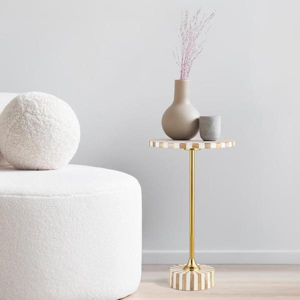 Calix 23.5 in. Contemporary Minimalist Metal/Resin Round End Table, Light Brown/White