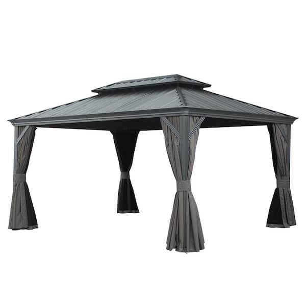 12' x 16' Hardtop Gazebo with Double-Layer Galvanized Steel Roof, Curtains, and Netting