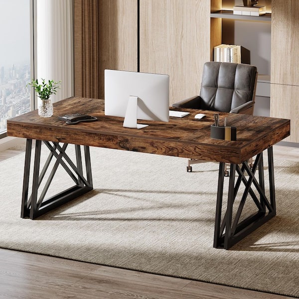 Halseey 63 in. Rectangular Rustic Brown Engineered Wood Computer Desk Modern Executive Office Desk Large Writing Table