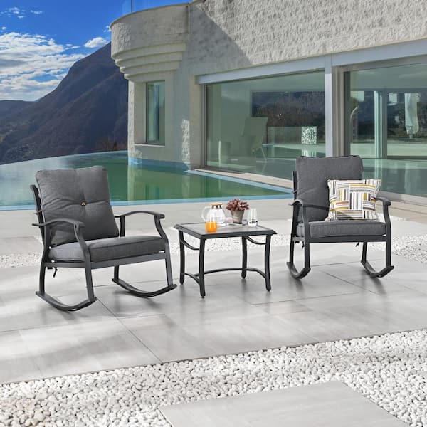 Patio Festival 3-Piece Metal Patio Conversation Rocker Seating Set with Dark Gray Cushions