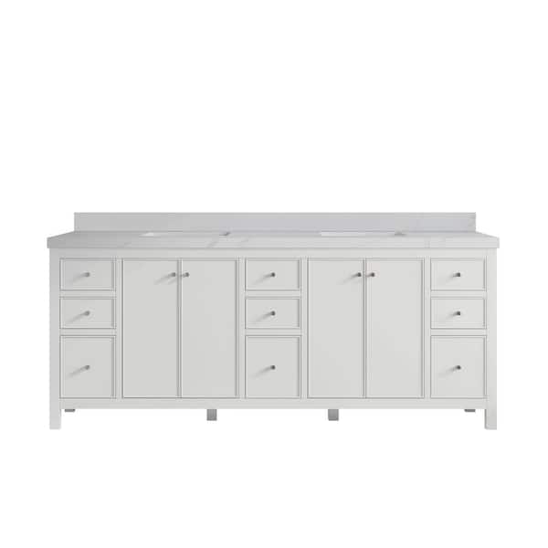 Chicago 84 in. Double Sink Freestanding White Bath Vanity with Calacatta Sienna Qt. Top Unassembled