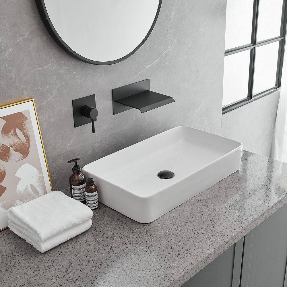 Matte Black Wall-Mount Waterfall Bathroom Faucet with Lever Handle