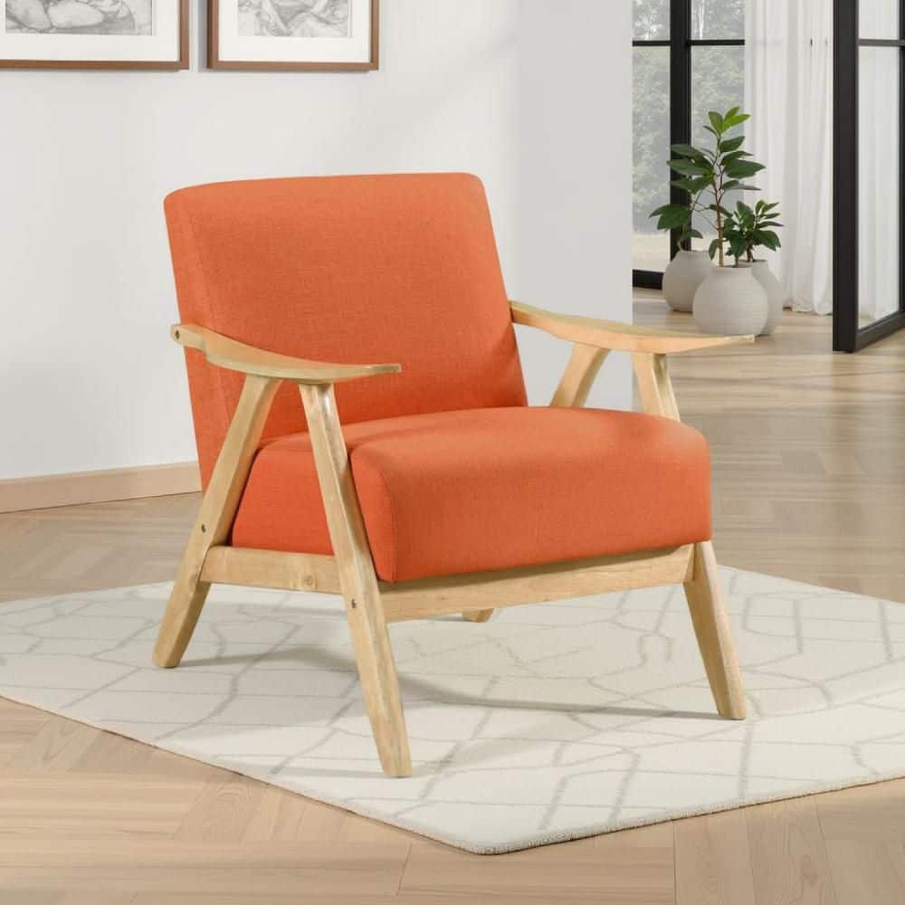 Benjara Indy Orange and Natural Brown Fabric Arm Chair with Tight