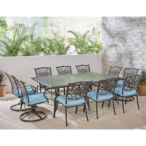 Traditions 11-Piece Aluminum Outdoor Dining Set with 4 Swivel Rockers and Blue Cushions
