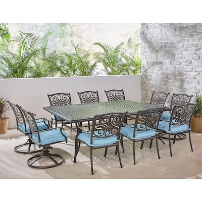 Hanover Traditions 11 Piece Aluminum Outdoor Dining Set With 10 Swivel Rockers Blue Cushions Traddn11pcsw10 Blu The Home Depot 11 Piece Aluminum Outdoor Dining Set, 11 Piece Outdoor Dining Set Aluminum