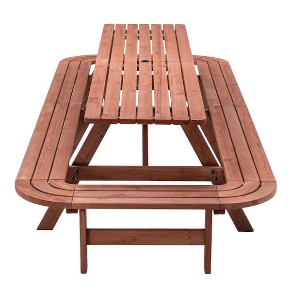 121 in. Brown Rectangle Wood Picnic Table With Benches For 14-16 Persons, Large Outside Dining Set With Umbrella Hole