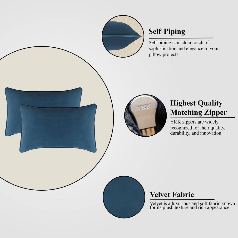 Teal Velvet 12x20 Throw Pillow Covers with Hidden Zipper, Set of 2