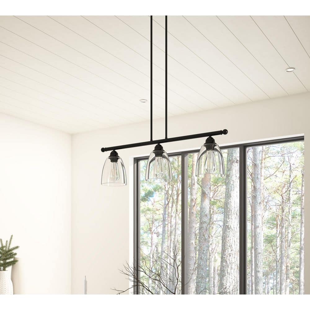 Farmhouse 3-Light Black Metal and Clear Glass Tiered Kitchen Island Pendant