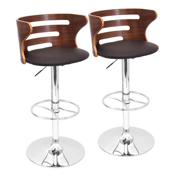 Lumisource Cosi 40.75 in. Brown Faux Leather and Chrome Low Back Adjustable Bar Stool with Wheel Footrest (Set of 2)