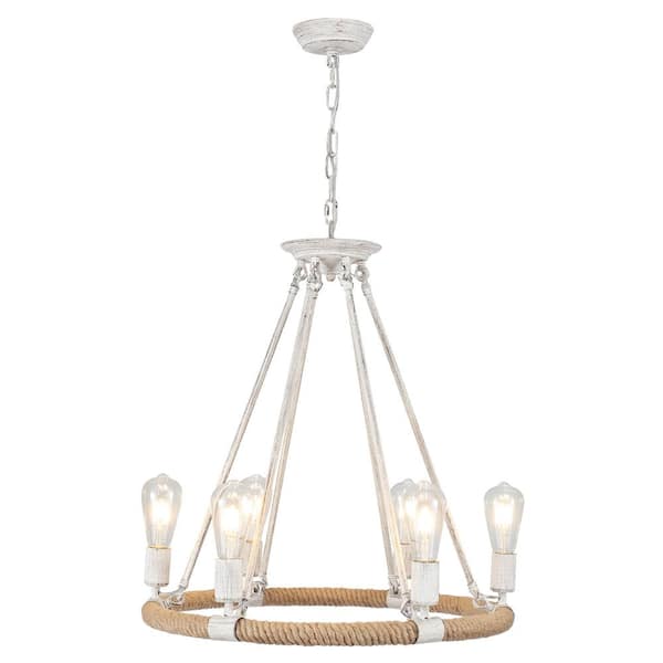 ADSENSTY 6-Light Beige Gray Wagon Wheel Chandelier Modern Farmhouse Round Pendant Light for Living Room