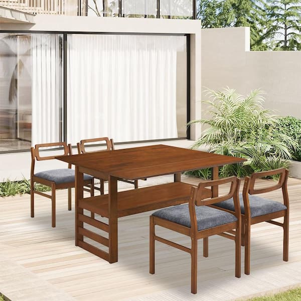 Zeus & Ruta 5-Piece Brown Wood Patio Outdoor Dining Table Set with Gray Cushions and Two 11.8 in. Drop Leaves