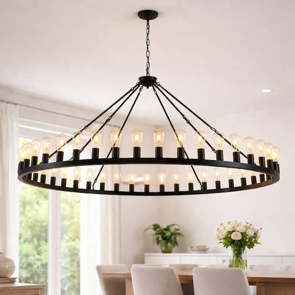 42-Light Black Wagon Wheel Chandelier, 64 in. Adjustable Pendant Light for Dining Room and Living Room(No Bulbs)