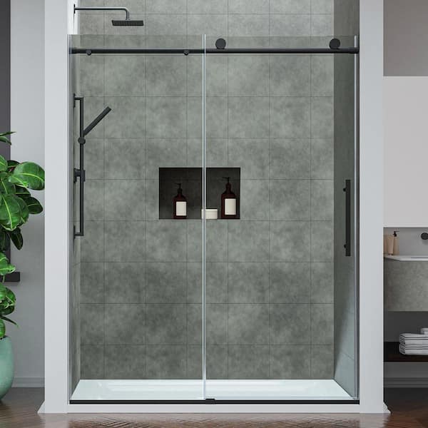 Mountain 60 in. Reversible Frameless Sliding Deco-Glass Shower Door with Soft-Close System and Matte Black Finish