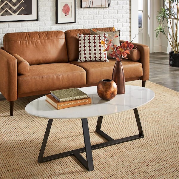 HomeSullivan 51 in. White Glossy Oval Sintered Stone With Gray Metal Base Coffee Table
