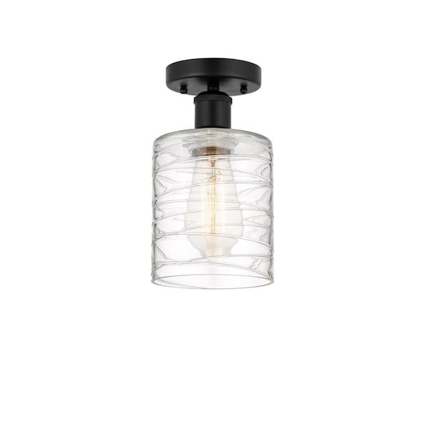 Innovations Cobbleskill 5 in. 1-Light Matte Black, Deco Swirl Semi-Flush Mount with Deco Swirl Glass Shade